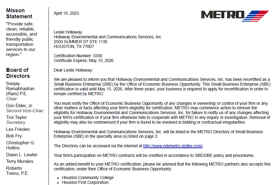 Metro SBE Letter